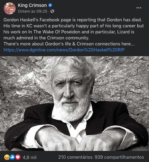 O post na página oficial do King Crimson lamentando a morte de Gordon Haskell (Foto: Facebook)