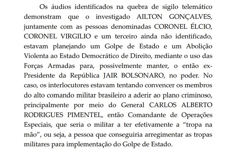 Caso Bolsonaro: trecho do documento sobre áudios que demonstram tentativa de aliados do ex-presidente de planejar um golpe de Estado — Foto: Reprodução