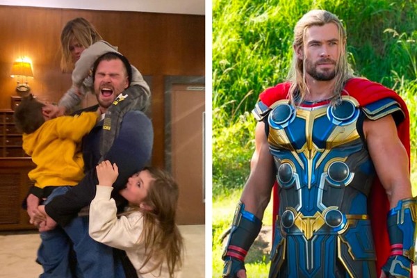 Chris Hemsworth e os três filhos; o ator como o herói Thor (Foto: Reprodução/Instagram)
