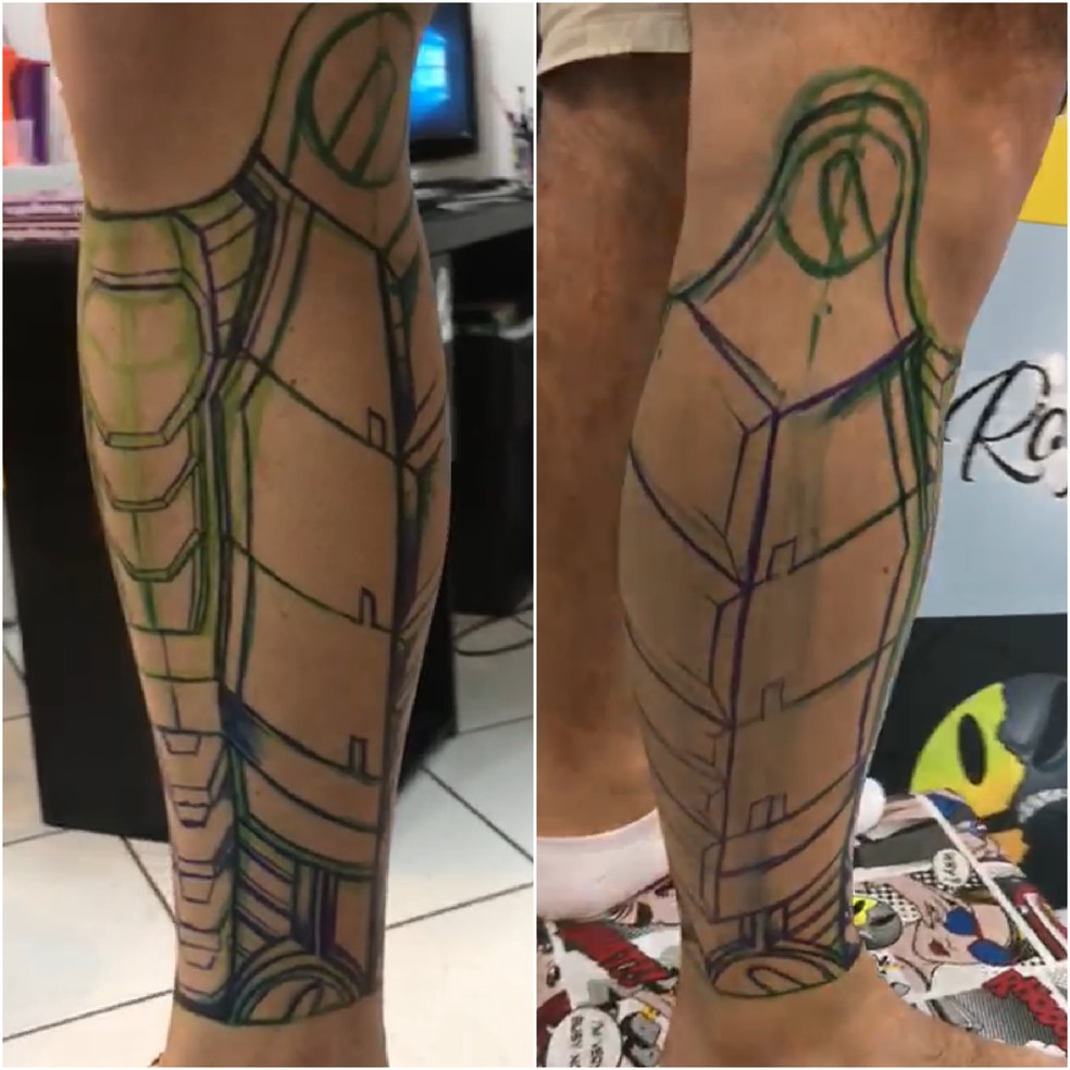 Esboço que deu origem a tatuagem de prótese levou três horas para ser feito  — Foto: Jeferson Chaves / arquivo pessoal