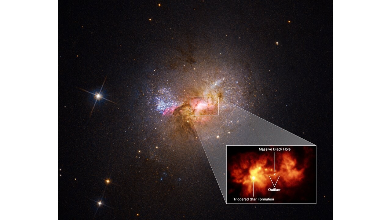 Análise permitiu que os cientistas determinassem até mesmo a velocidade com que os gases saiam do buraco negro em direção à formação estelar (Foto:  NASA, ESA, Zachary Schutte (XGI), Amy Reines (XGI), Alyssa Pagan (STScI))