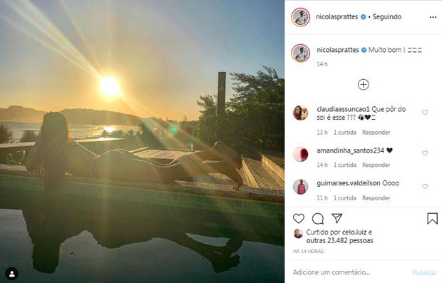 Nicolas Prattes clica a namorada, Bruna Blaschek, na piscina (Foto: Reprodução / Instagram)