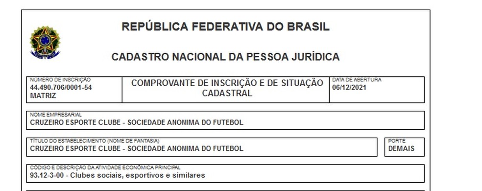 Registro do CNPJ do Cruzeiro SAF — Foto: Reprodução