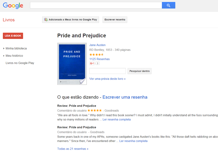 Alguns livros em domínio público, como Orgulho e Preconceito, podem ser encontrados na plataforma do Google para consumo gratuito (Foto: Reprodução/Filipe Garrett)