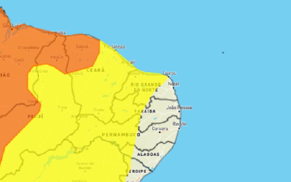 Alerta de chuvas e ventos intensos abrange 106 cidades potiguares — Foto: Inmet/Reprodução