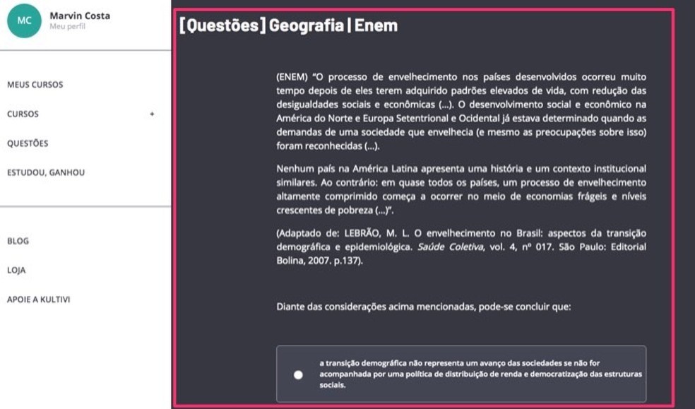 Tela de questões para o Enem no site Kultivi — Foto: Reprodução/Marvin Costa