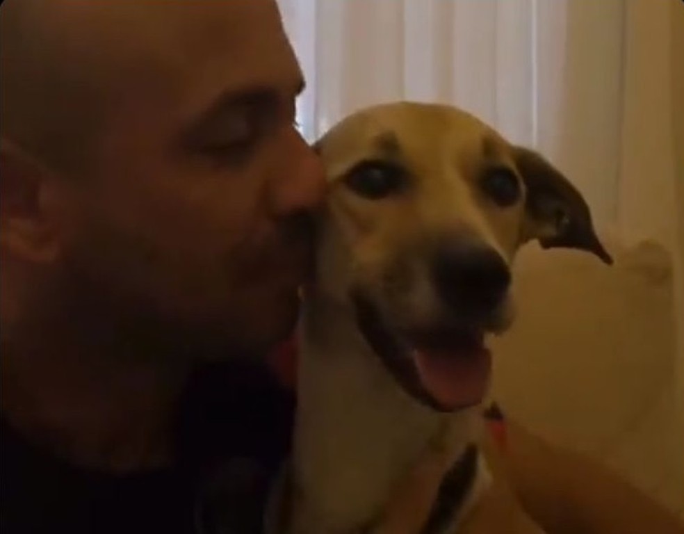 Reencontro da cachorra pandora com o dono neste domingo (30), em São Paulo. — Foto: Reprodução