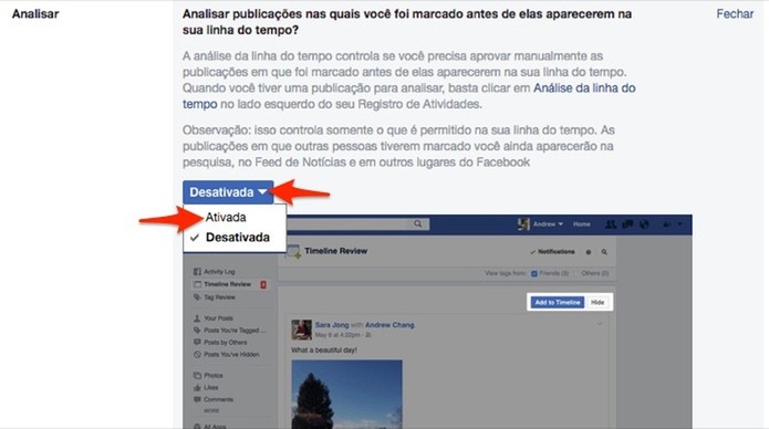Ação para ativar a opção para analisar marcações de amigos em posts do Facebook (Foto: Reprodução/Marvin Costa) Ação para ativar a opção para analisar marcações de amigos em posts do Facebook (Foto: Reprodução/Marvin Costa)