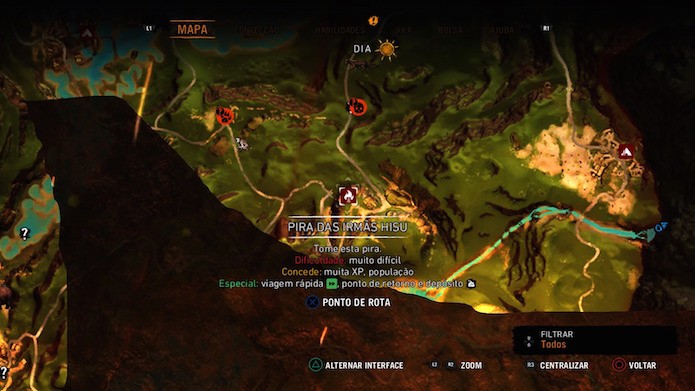 Far Cry Primal: piras substituem as torres de comunicação no novo game (Foto: Reprodução/Victor Teixeira)