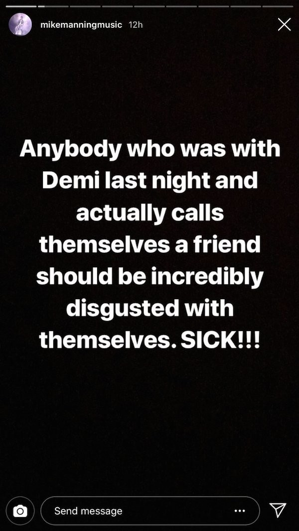 Um dos posts do guitarrista de Demi Lovato, Mike Manning, detonando as pessoas presentes na hora da overdose da artista (Foto: Instagram)