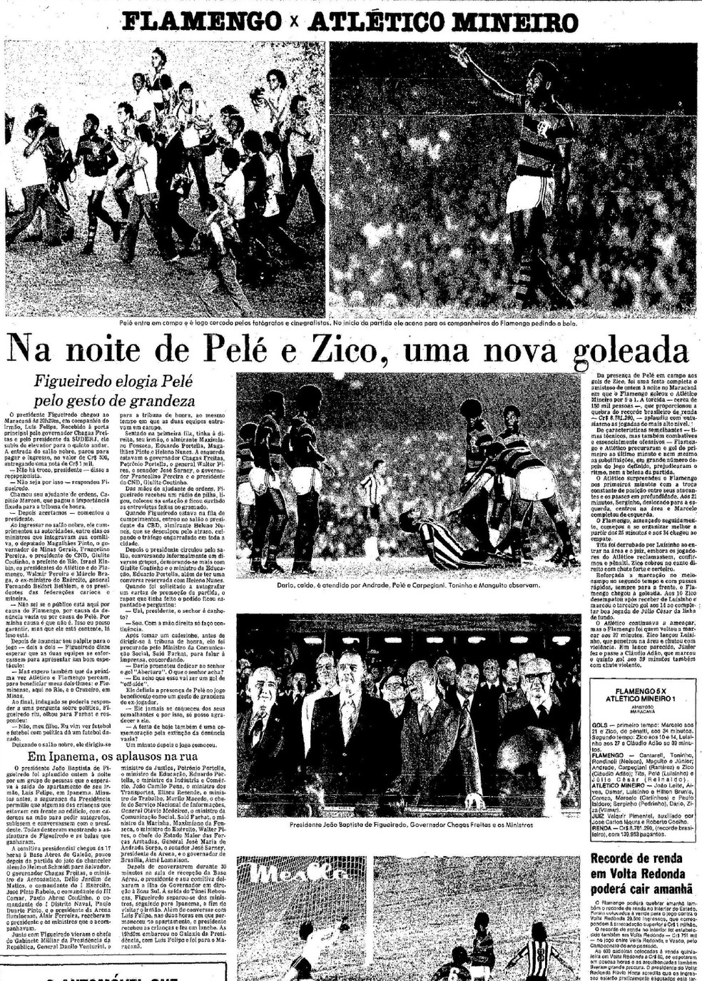 Página do jornal O Globo após o duelo Flamengo (e Pelé) x Atlético em 1979 — Foto: Reprodução/O Globo 