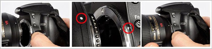O procedimento de encaixe para a Nikon é o mesmo. Veja a marca branca. (Foto: Reprodução/Nikon)