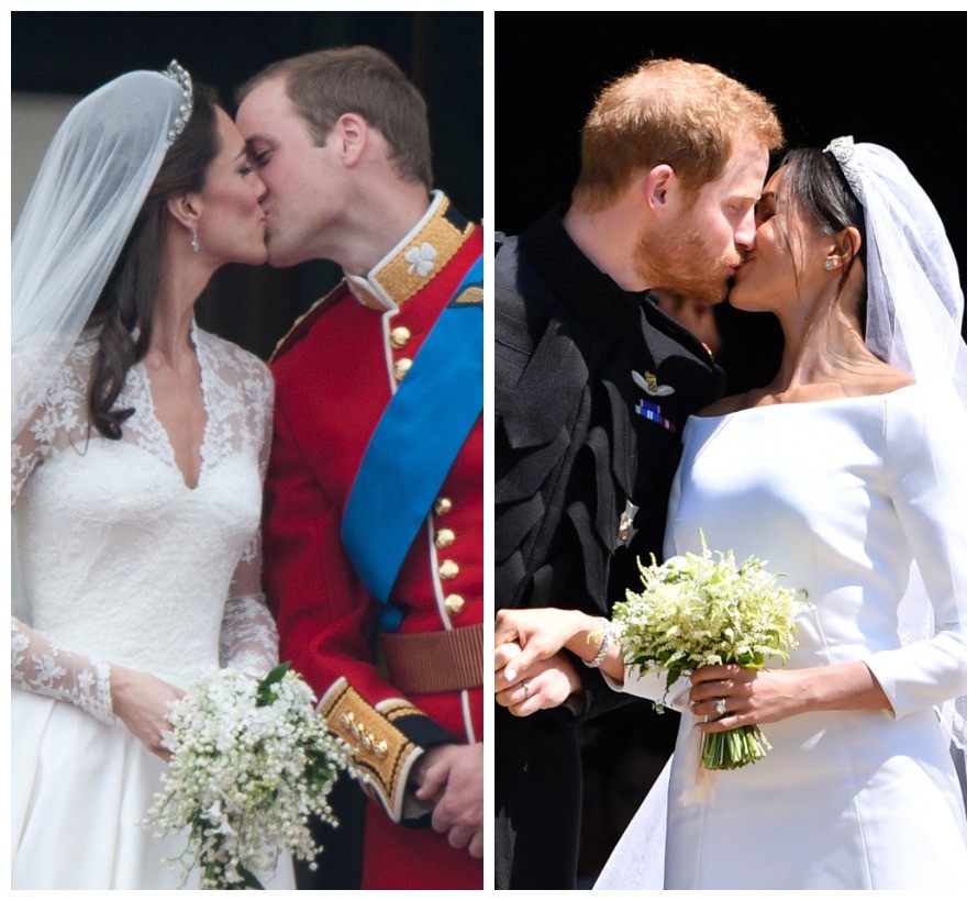 O Príncipe William beijando a Duquesa Kate Middleton e o Príncipe Harry beijando a atriz e duquesa Meghan Markle (Foto: Getty Images)
