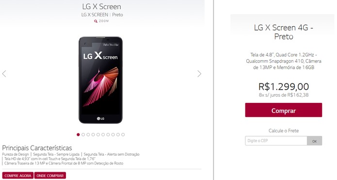LG X Screen aparece em loja oficial da LG por R$ 1.299 (Foto: Reprodução/Aline Batista)