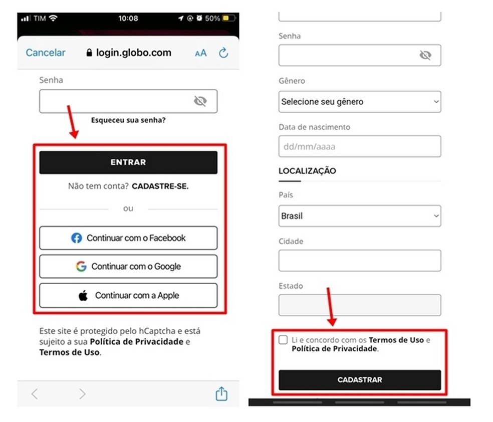 Assistir ao desfile de Carnaval 2023 SP ao vivo: login ou cadastro no Globoplay são realizados quando folião digita seus dados pessoais ou de contas Facebook, Google ou Apple — Foto: Reprodução/Gabriela Andrade