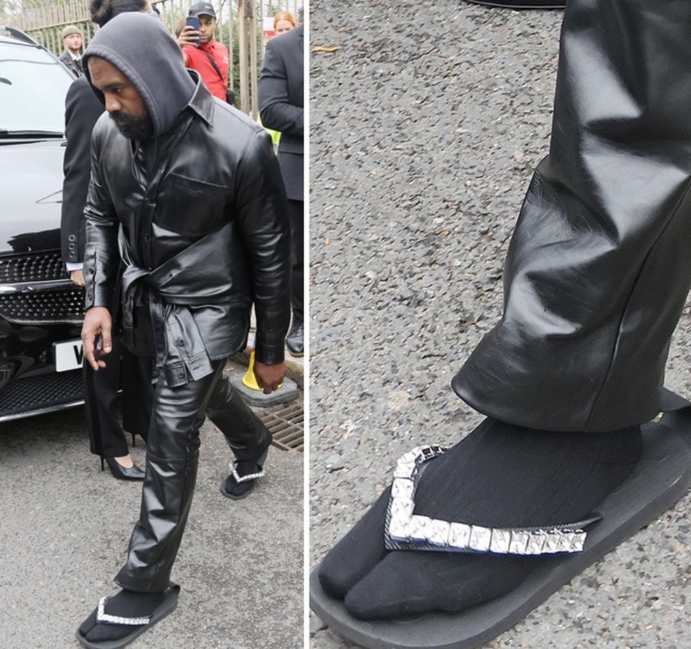 Kanye West marca presença em desfile com chinelo cravejado | Moda | Vogue