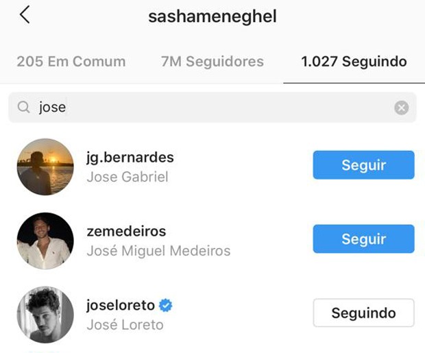 Sasha Meneghel segue José Loreto no Instagram (Foto: Reprodução/Instagram)