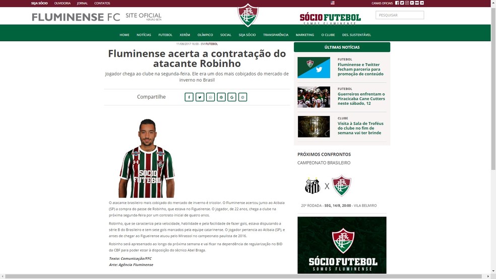 Anúncio da contratação de Robinho pelo Fluminense (Foto: Reprodução)