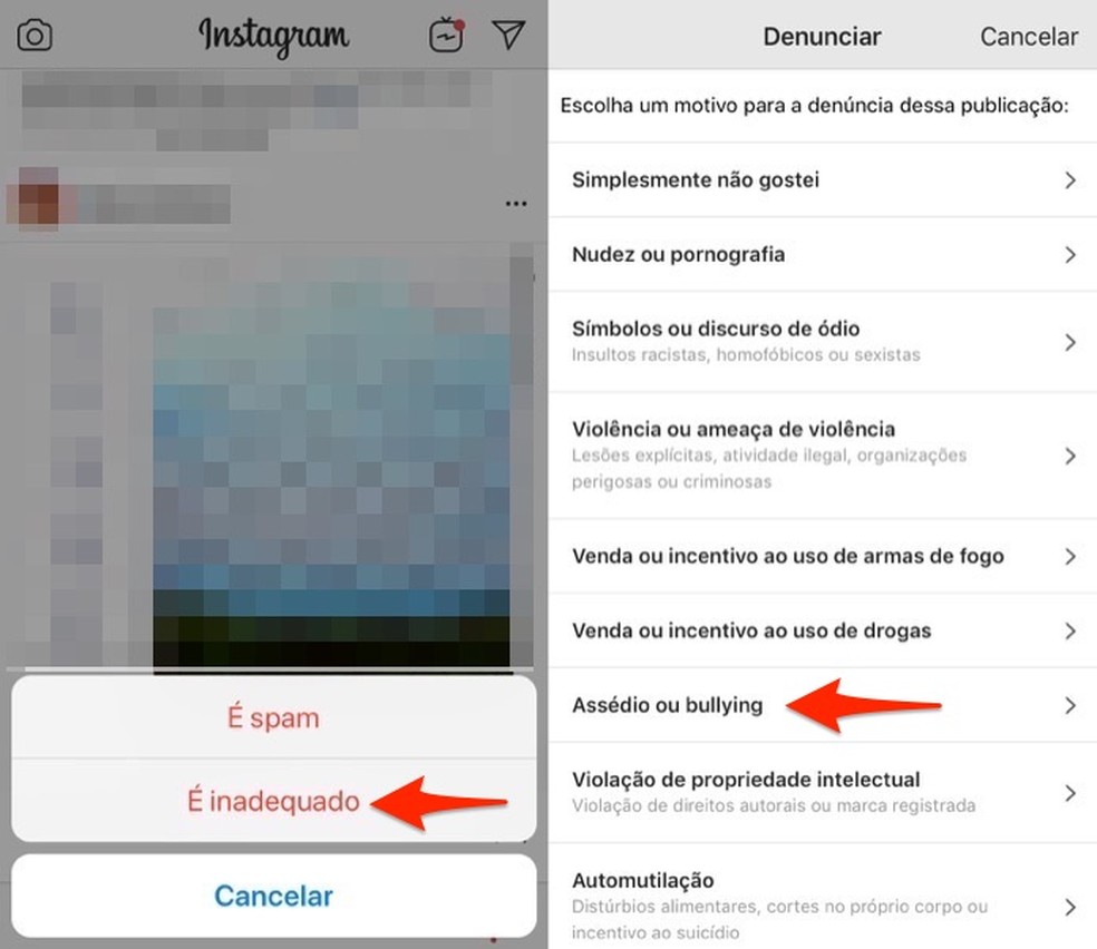 Ação para iniciar uma denúncia sobre assédio no Instagram — Foto: Reprodução/Marvin Costa