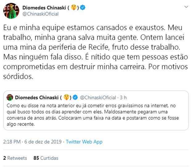 Diomedes Chinaski fala após print de assédio a menor de idade (Foto: Reprodução/Twitter)