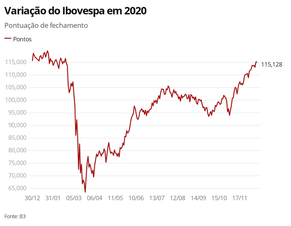 VariaÃ§Ã£o do Ibovespa em 2020 â Foto: G1 Economia