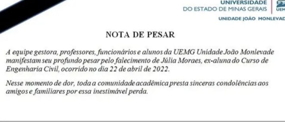 Comunicado da Universidade do Estado de Minas Gerais (UEMG) lamentando a morte da Júlia Moraes. — Foto: Redes sociais 