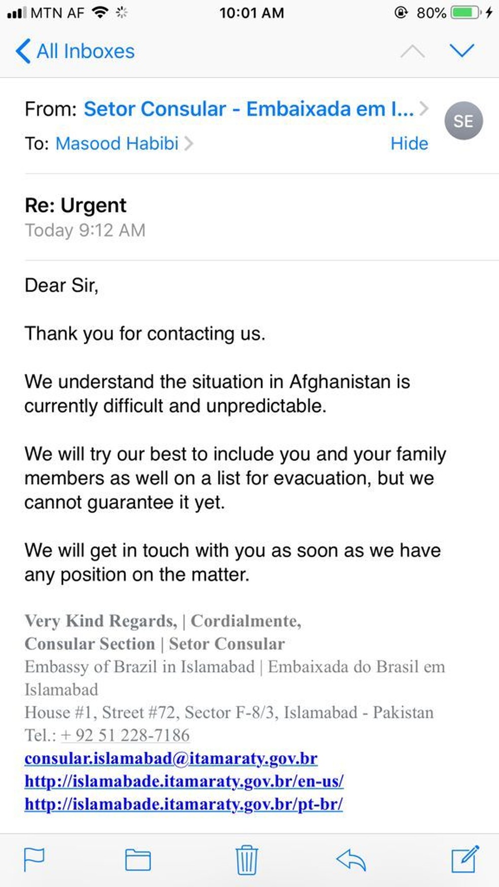 Mensagem recebida por Masood Habibi da Embaixada brasileira no Paquistão — Foto: Reprodução