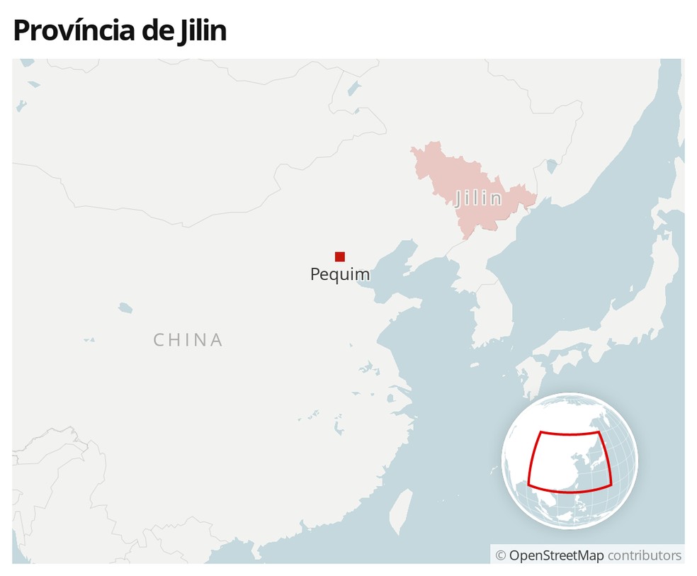 Mapa identifica a província de Jilin, na China — Foto: G1