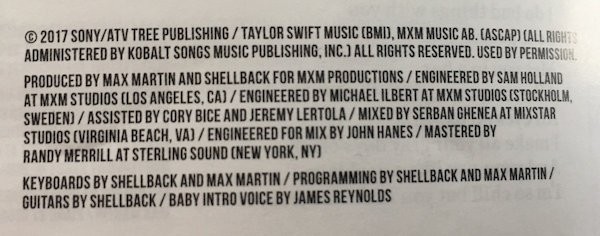 Os créditos do novo disco de Taylor Swift com o nome da filha de Ryan Reynolds e Blake Lively, James Reynolds (Foto: Reprodução)