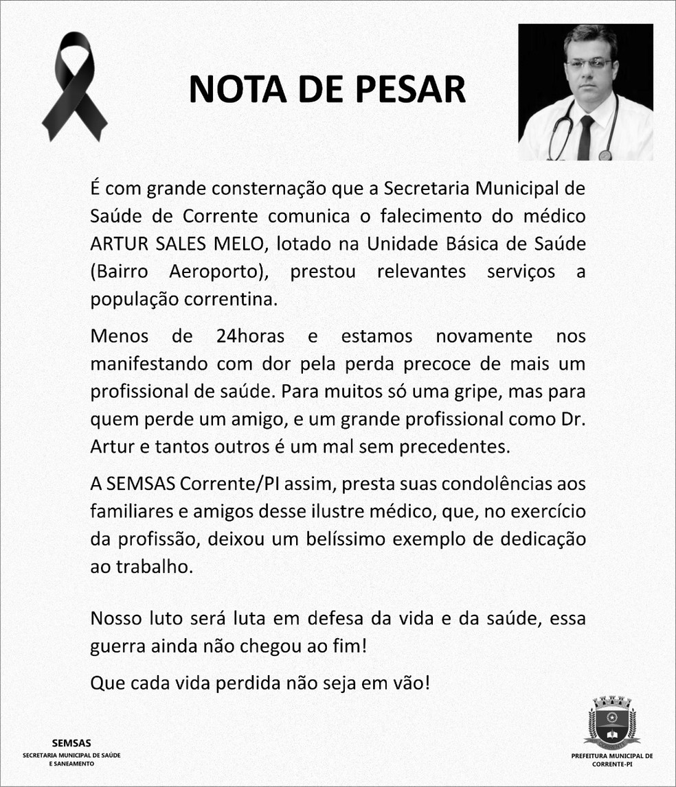 Nota de pesar para morte de médico que atuava em UBS no Piauí — Foto: Reprodução/Prefeitura de Corrente
