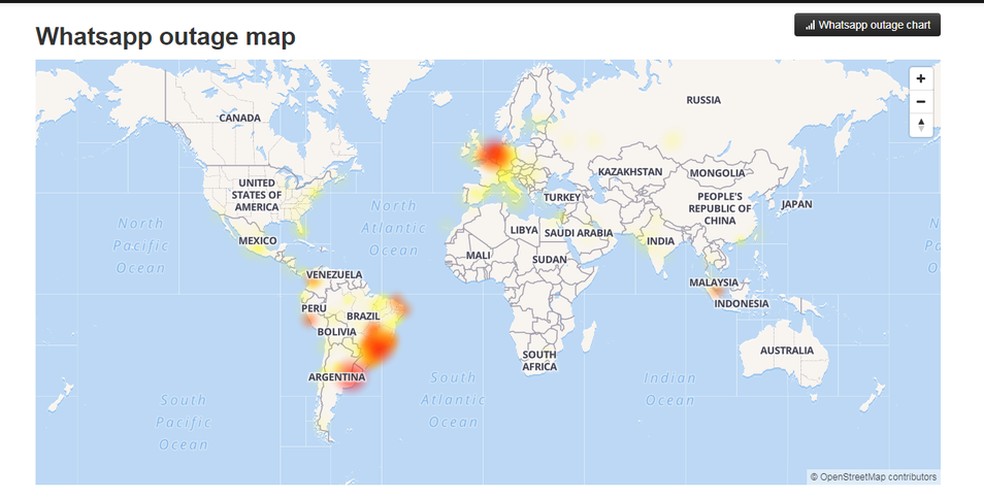 Mapa de reclamações do WhatsApp no site Down Detector — Foto: Reprodução