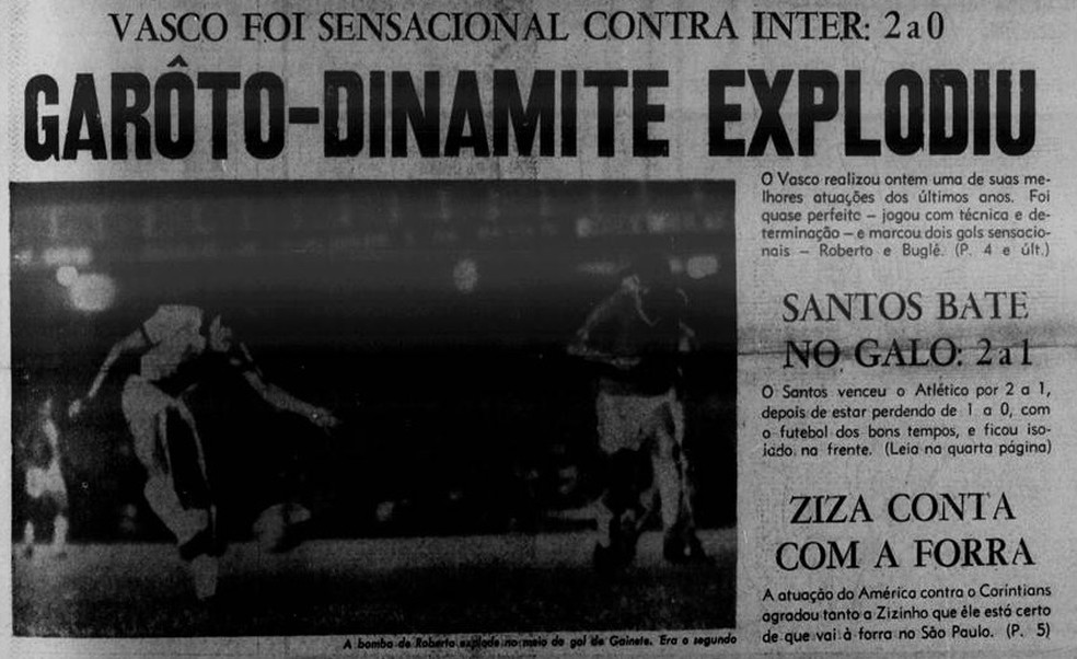 Jornal dos Sports em 26 de novembro de 1971, primeiro gol de Roberto Dinamite pelo Vasco — Foto: Reprodução