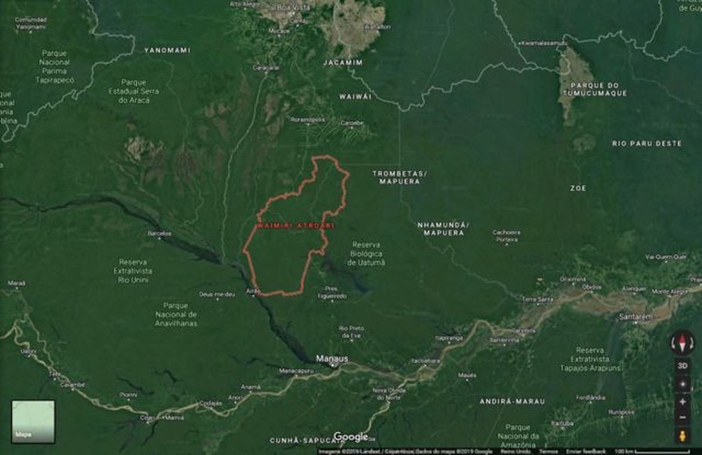 Ministério de Minas e Energia diz que o linhão de Tucuruí margeará a BR-174, que atravessa o território waimiri atroari — Foto: Google Maps via BBC
