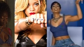 Clara Moneke usa top e bijuterias que lembram os acessórios usados por Rihanna e pelas Destiny's Child nos anos 2000 — Foto: Reprodução/Globoplay e YouTube
