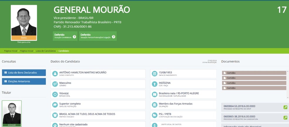 Registro da candidatura de Mourão no pleito de 2018 — Foto: Reprodução/TSE