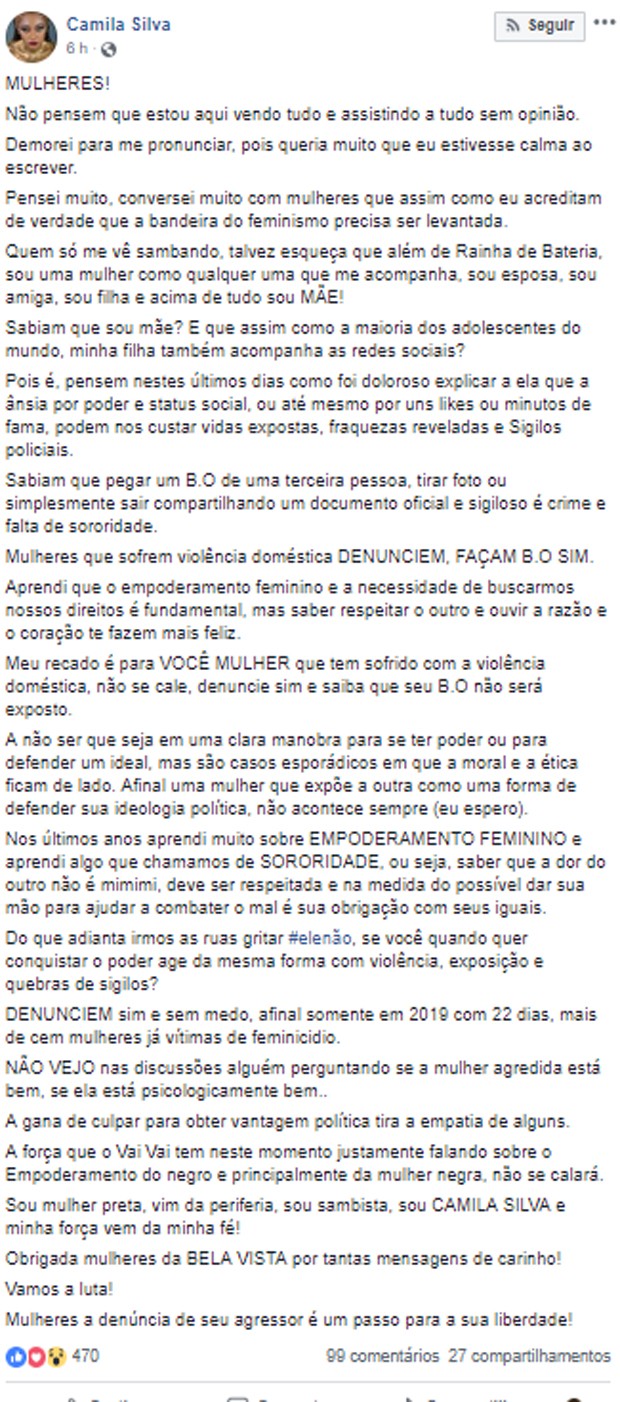 Camila Silva, rainha de bateria da Vai-Vai, faz desabafo após agressão de mulher pelo diretor de bateria Anderson Roberto, o Pepê (Foto: Reprodução/Facebook)