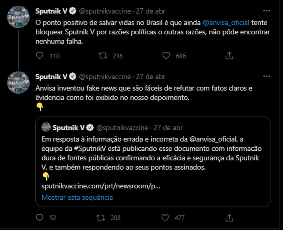 No dia 27 de abril, Sputnik acusou a Anvisa de inventar fake news contra a vacina. — Foto: Twitter/Reprodução