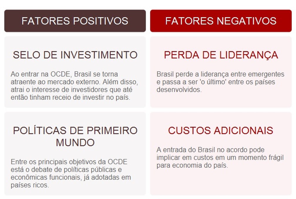 Fatores positivos e negativos do Brasil na OCDE — Foto: G1 