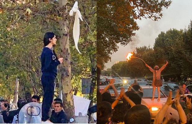 Vida Movahed protestando em 2017 (à esquerda) e mulher queimando seu hijab obrigatório em protestos atuais (à direita) (Foto: Reprodução/Twitter)
