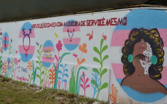 Muro do Creas da Diversidade do DF, grafitado por travestis e transexuais com mensagens de empoderamento (Foto: Secretaria de Trabalho e Direitos Humanos do DF/Divulgação)