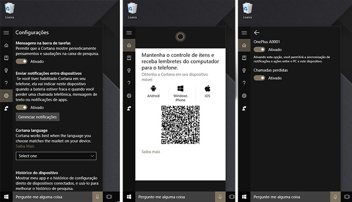 Cortana em Português agora pode ter celular pareado no Windows 10 (Foto: Reprodução/Elson de Souza)