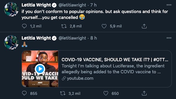 Os tuítes da atriz Letitia Wright expondo os questionamentos da celebridade em relação às vacinas contra COVID-19 (Foto: Twitter)