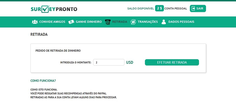 Site de pesquisa para ganhar dinheiro realiza pagamentos aos usuários via PayPal — Foto: Reprodução/Gabrielle Garcia