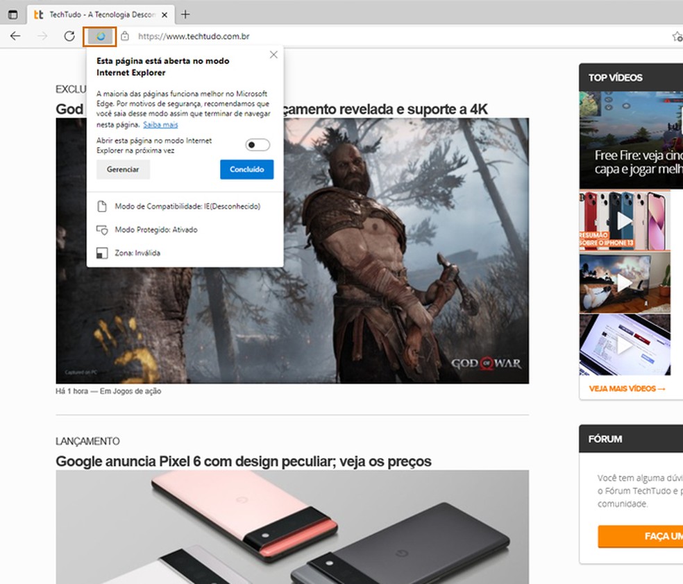 Microsoft Edge no Windows 11: perceba que o site será ativado no modo de visualização do Internet Explorer — Foto: Reprodução/Barbara Mannara