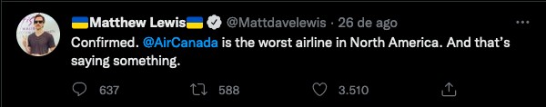 O post do ator Matthew Lewis expondo seus problemas com uma companhia aérea canadense (Foto: Twitter)