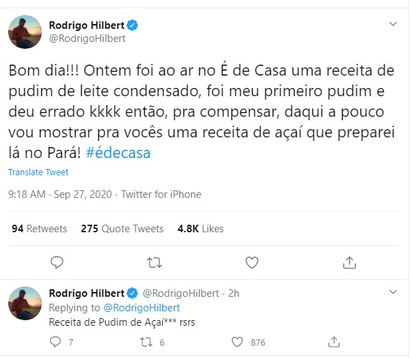 Rodrigo Hilbert explica pudim que deu errado (Foto: Reprodução / Twitter)