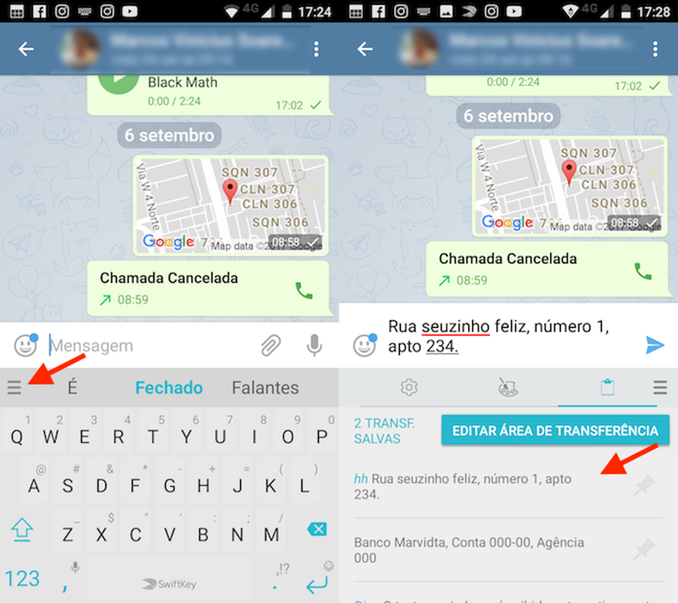 Caminho para usar um texto salvo no SwiftKey para Android (Foto: Reprodução/Marvin Costa)