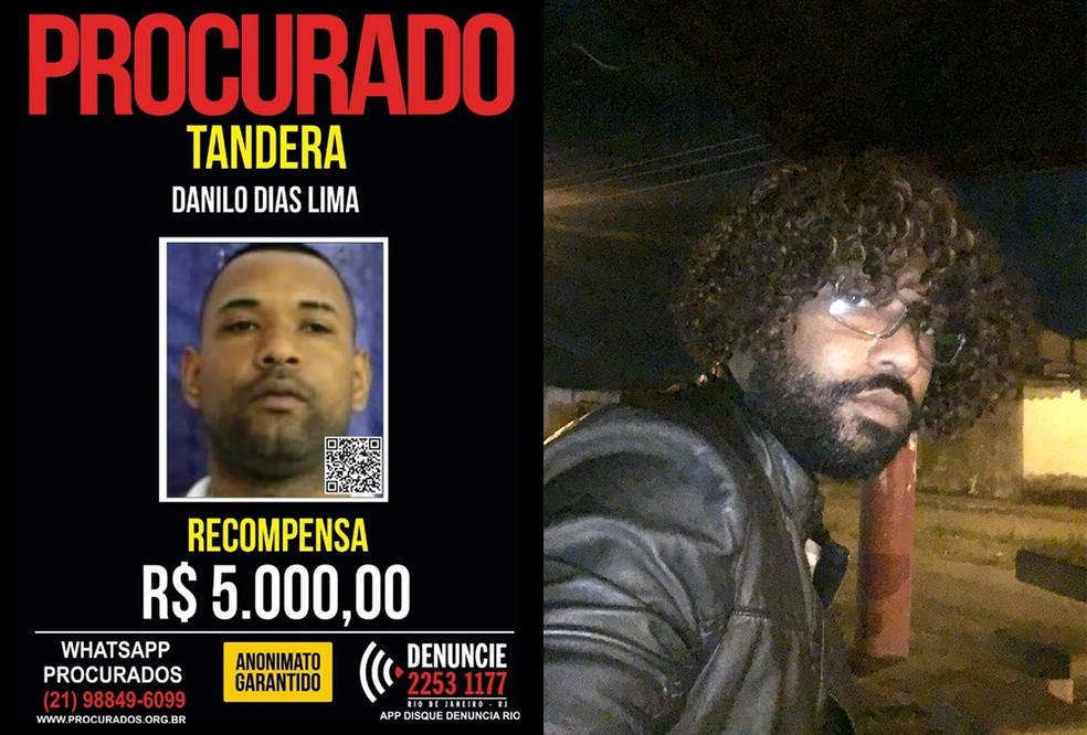 Tandera no cartaz de procurado e disfarçado com peruca, óculos e barba — Foto: Reprodução