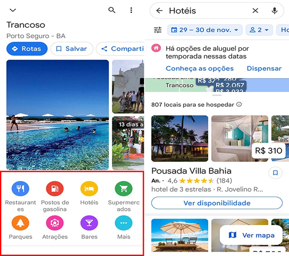 Pesquise paradas em hotéis e restaurantes no trajeto desejado com Maps  — Foto: Reprodução/Flávia Fernandes