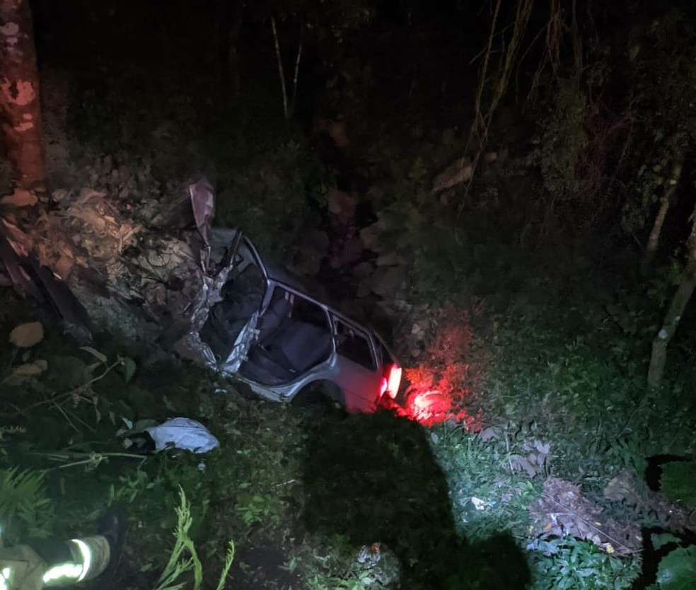Carro caiu em uma ribanceira de 15m e motorista foi ejetado do veículo  — Foto: Divulgação / Corpo de Bombeiros 